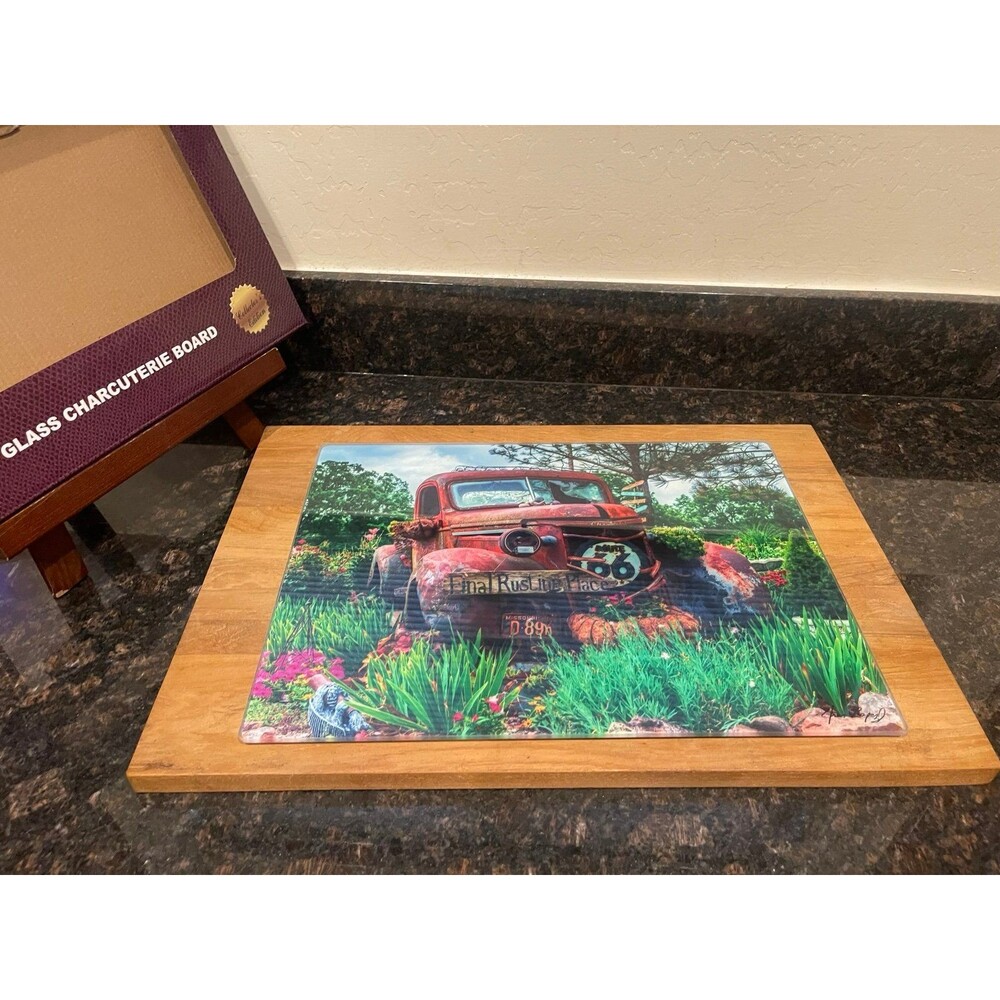 Route 66 glass charcuterie board: old car